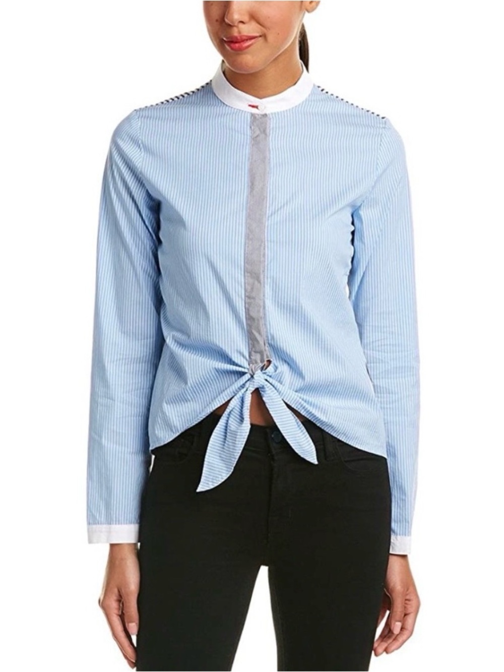 Bailey 44 Homeostatic blue multi print Pinstripe Tie-Front Button Down Shirt 4